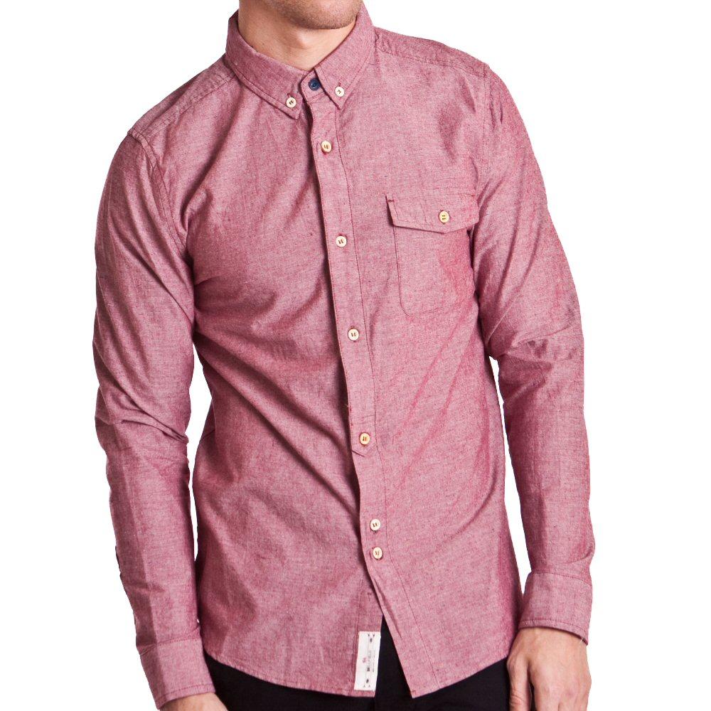 Bellfield Clothing Hongshu Chambray Denim Style Button Down Collar Long Sleeve Shirt Red M 